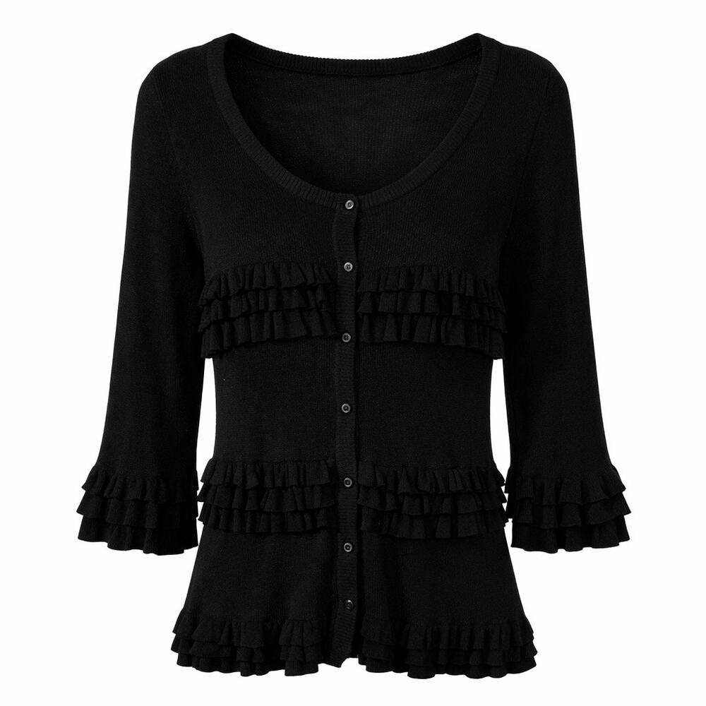 Susina Black Ruffle Cardigan Women’s Size L Button Front 3/4 Sleeve Feminine